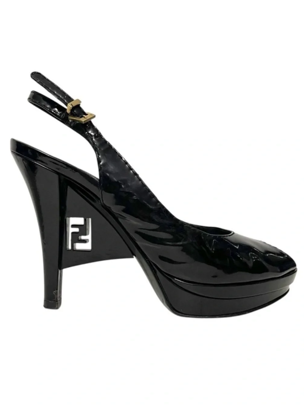 FENDI Patent Leather Slingback Logo Heel Peeptoe Sandals 37